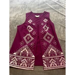 Vintage JC Penny Burgundy White Prints Vest -‎ Open Front - Size XL